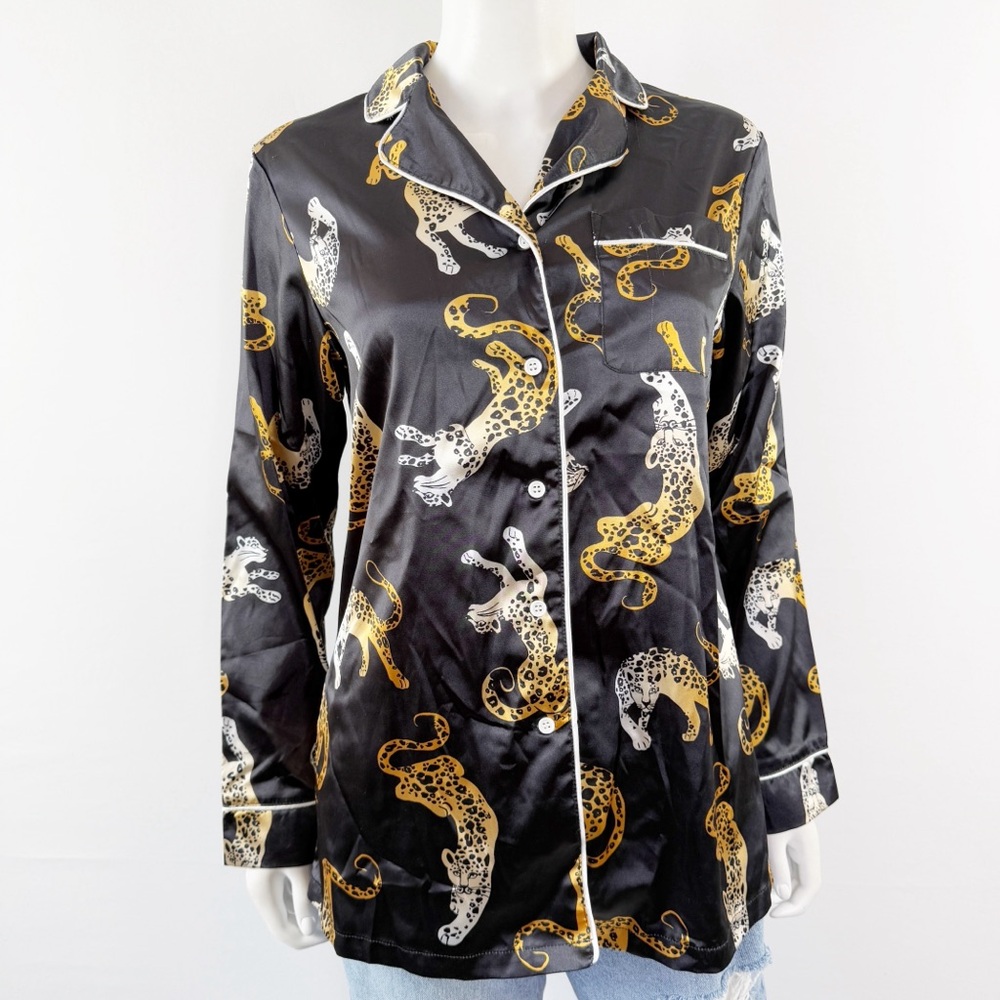 Fabulous Furs by Donna Salyers Black Leopard Print Pajama Top Size XS Satin